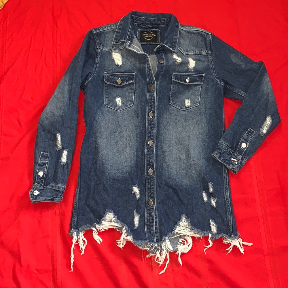Long Distressed Denim Shacket